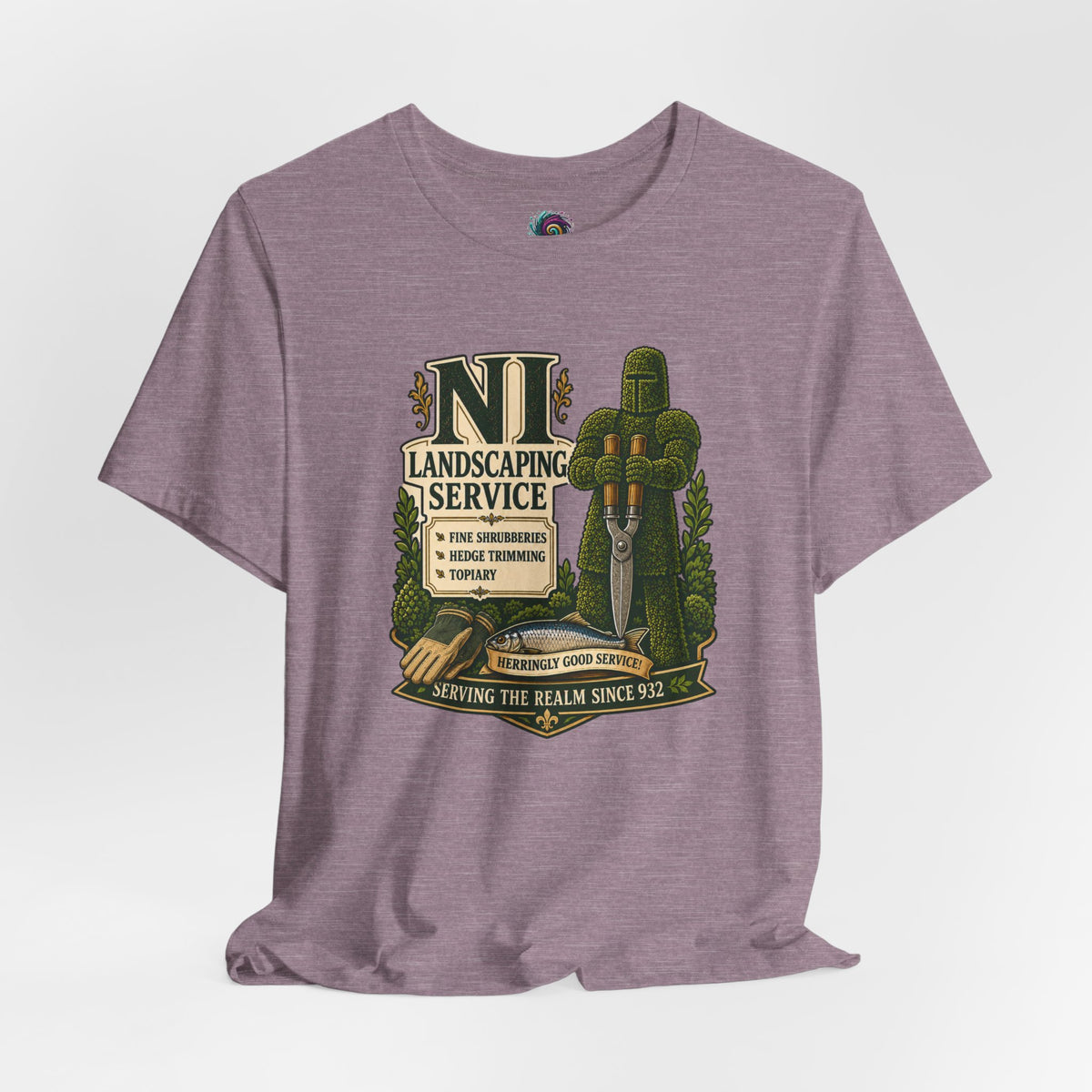 Purple heather crewneck T-shirt with NI landscaping service front graphic