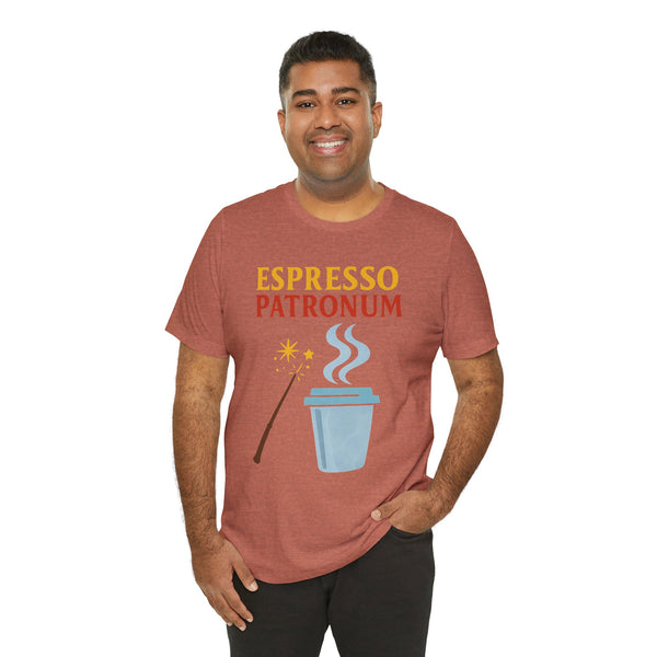 Rust red short-sleeve T-shirt showing “ESPRESSO PATRONUM” text with coffee cup illustration