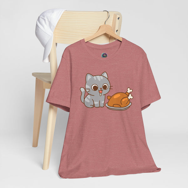 Rose pink short-sleeve t-shirt with cat and turkey graphic, crew neck