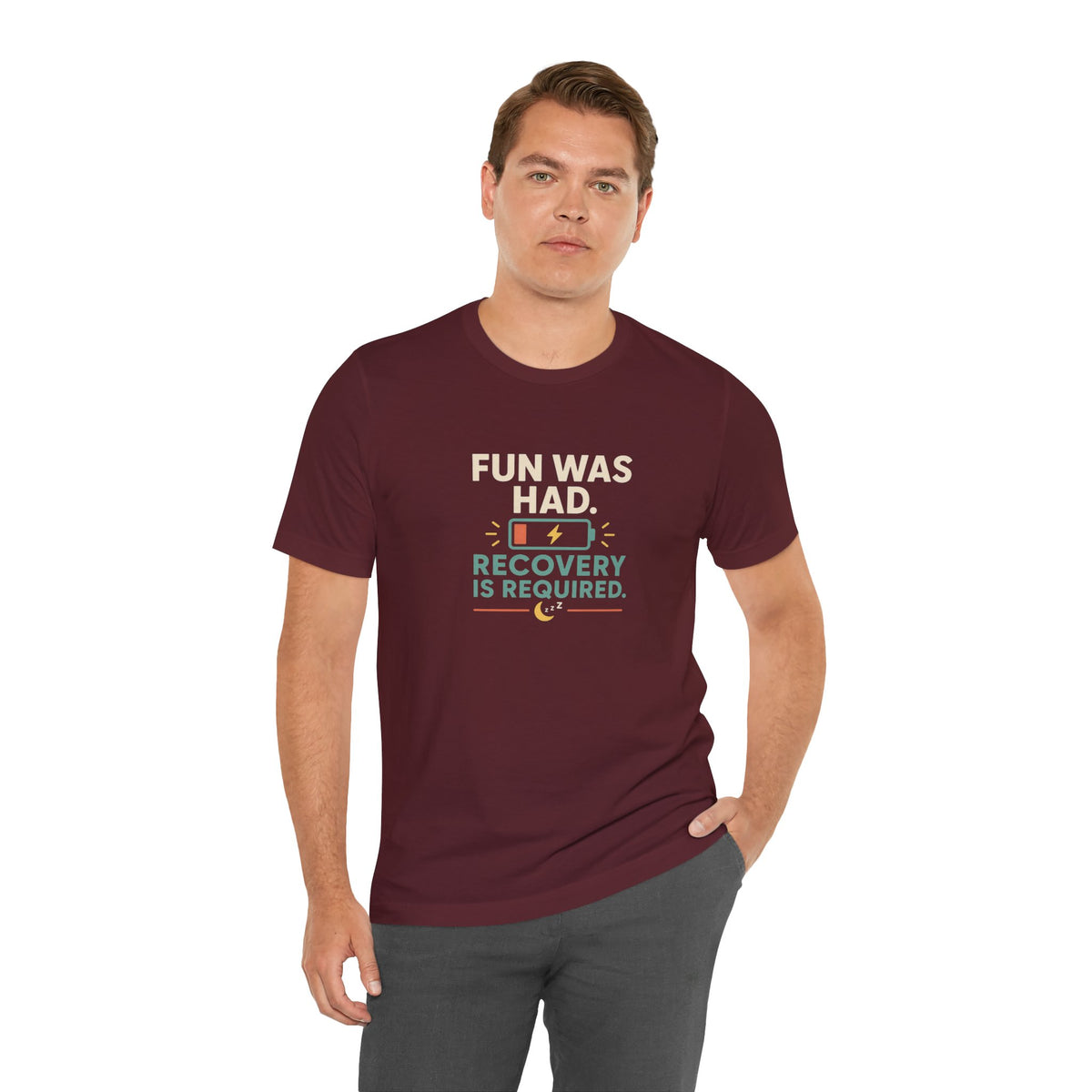 Maroon short-sleeve T-shirt with multicolor “Recovery is Required” graphic on chest