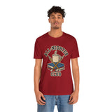 Red T-shirt with 'All-Nighter Club' coffee-and-books logo graphic, crew neck.