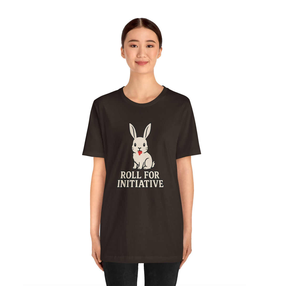 Black crew-neck T-shirt with rabbit graphic and "Roll for Initiative" text, front view