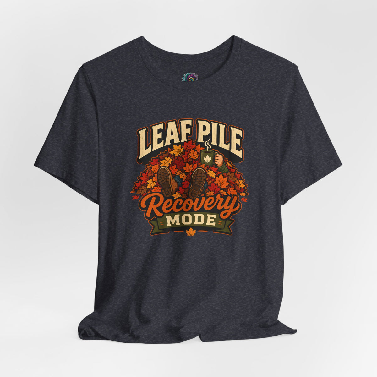 Charcoal heather crew-neck t-shirt with autumn leaf “Recovery Mode” graphic