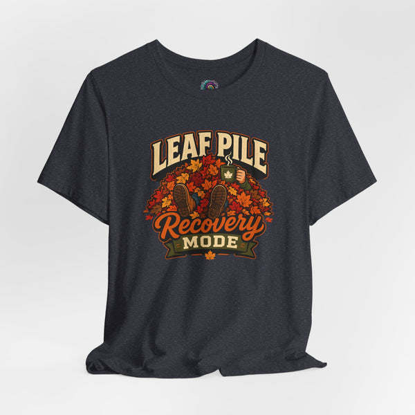 Charcoal heather crew-neck t-shirt with autumn leaf “Recovery Mode” graphic