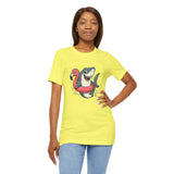 Lime yellow crewneck T-shirt with shark and flamingo float graphic, side pose