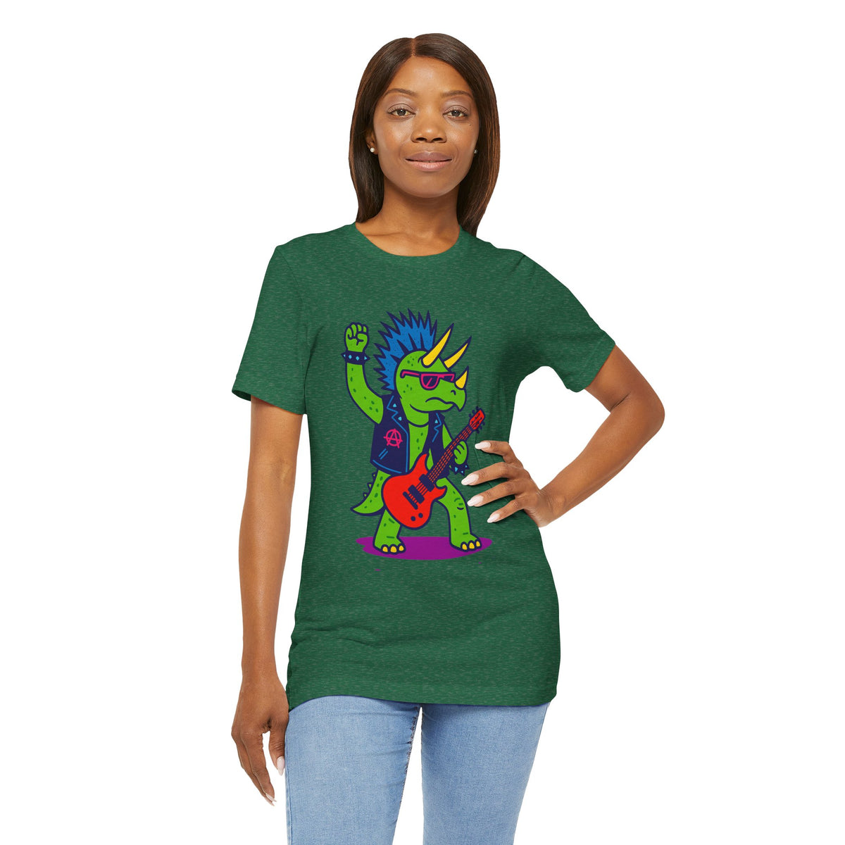 Green crew-neck graphic t-shirt with punk triceratops and red electric guitar print