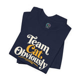 Navy crewneck T-shirt with “Team Cat, Obviously” front graphic, flat lay