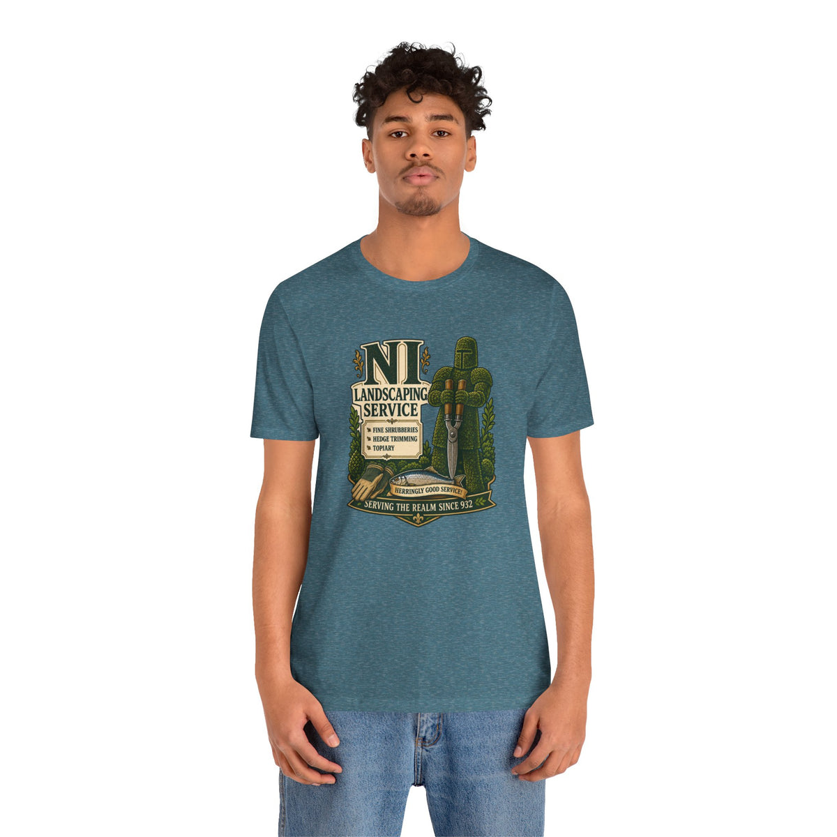 Teal heather crew-neck T-shirt with NI Landscaping Service logo graphic on chest
