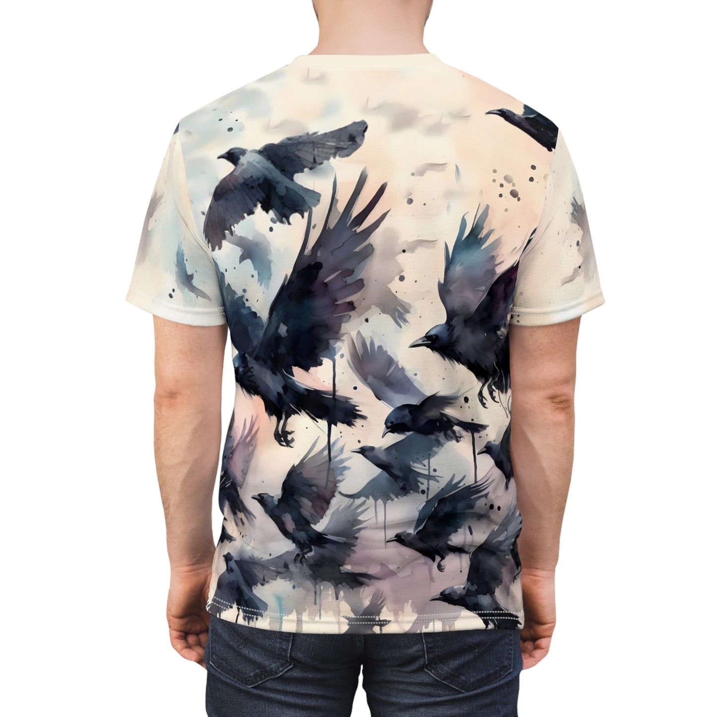 Watercolor Crow Flock T-Shirt – Gothic Raven Flight All-Over Art Tee