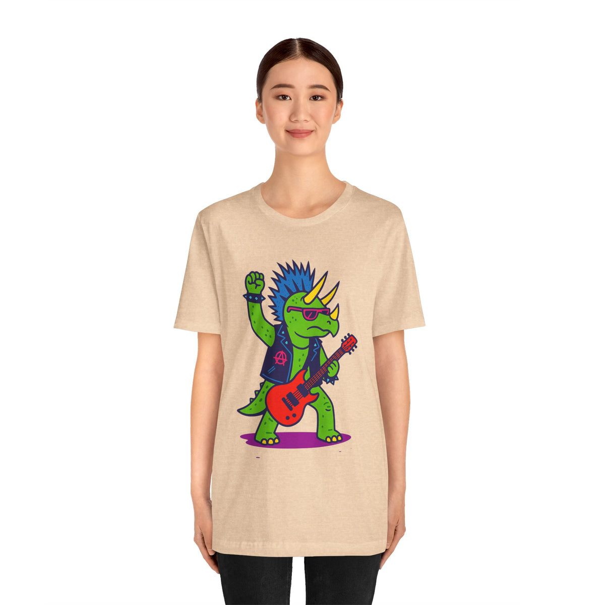 Beige T-shirt with punk triceratops playing a red electric guitar graphic