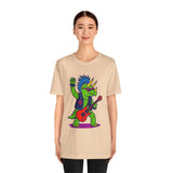 Beige T-shirt with punk triceratops playing a red electric guitar graphic