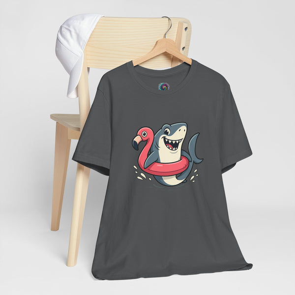 Dark gray graphic tee with shark and pink flamingo floatie front design on hanger
