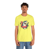 Lime yellow crewneck T-shirt with shark and flamingo float graphic, model standing