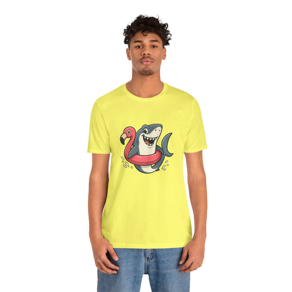 Lime yellow crewneck T-shirt with shark and flamingo float graphic, model standing