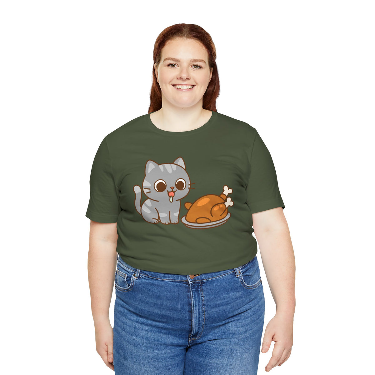 Women's olive green crew-neck t-shirt with cute cat and turkey graphic on front