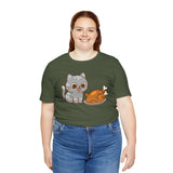 Women's olive green crew-neck t-shirt with cute cat and turkey graphic on front
