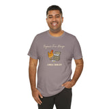 Heather mauve T-shirt with chicken and egg dealer design on chest, crew neck