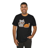 Black crew-neck T-shirt featuring cartoon cat and turkey illustration