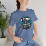 Light-blue T-shirt with Family IT Department graphic, close-up chest view