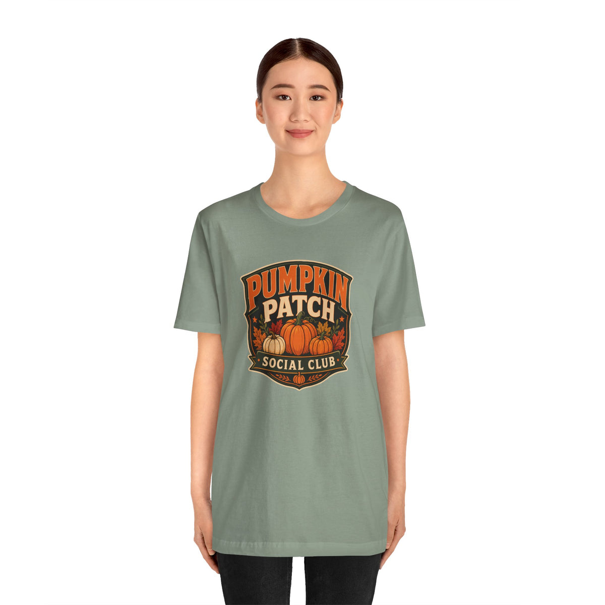 Olive green crewneck T-shirt with Pumpkin Patch Social Club fall logo graphic