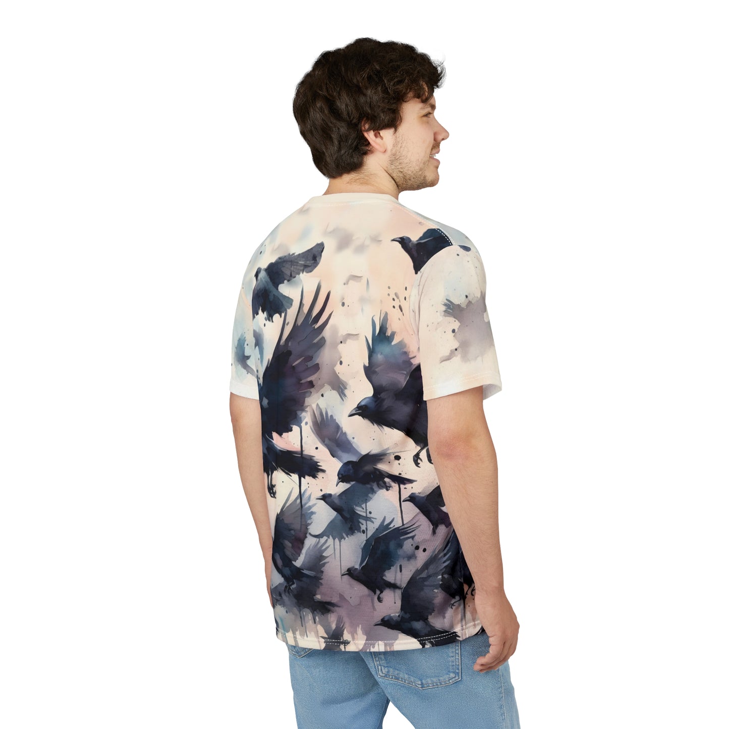 Watercolor Crow Flock T-Shirt – Gothic Raven Flight All-Over Art Tee