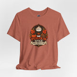 Rust-brown crew-neck T-shirt with centered pumpkin spice graphic