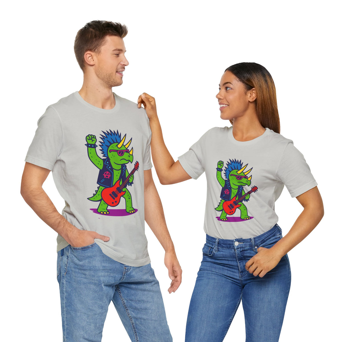 Heather gray T-shirt set with punk triceratops holding red electric guitar graphic