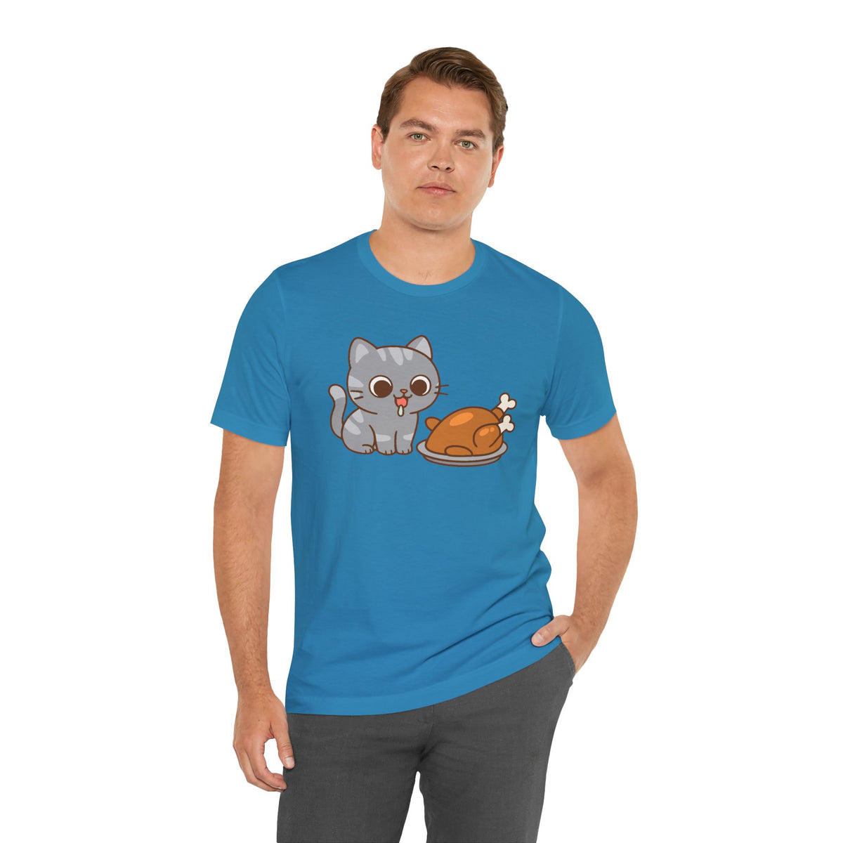 Aqua crew-neck t-shirt with gray cat and orange turkey print, casual fit