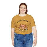 Mustard crewneck T-shirt with axolotl reading books front graphic