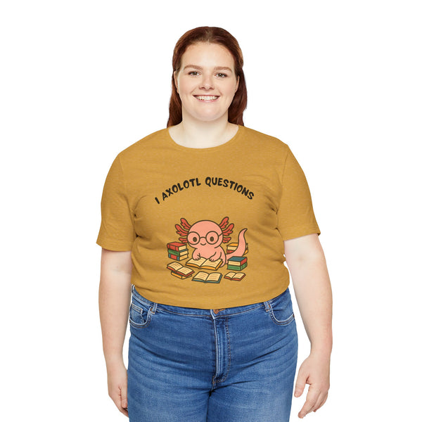 Mustard crewneck T-shirt with axolotl reading books front graphic