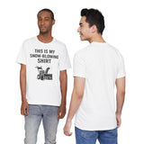 White crew-neck T-shirt with “This is my snow-blowing shirt” graphic front