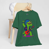 Green t-shirt on hanger featuring colorful punk triceratops playing red electric guitar graphic