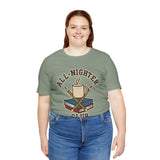 Sage green crew-neck T-shirt with chest trophy graphic, worn with blue jeans
