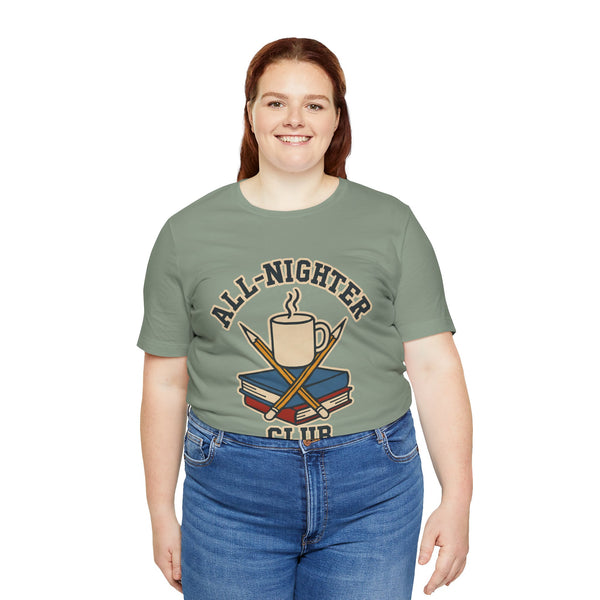 Sage green crew-neck T-shirt with chest trophy graphic, worn with blue jeans