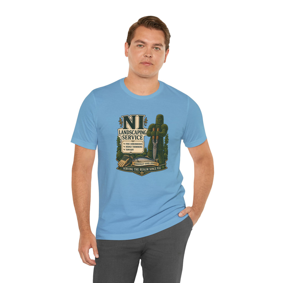Light blue crewneck T-shirt with large green and yellow “NI Landscaping Service” graphic.