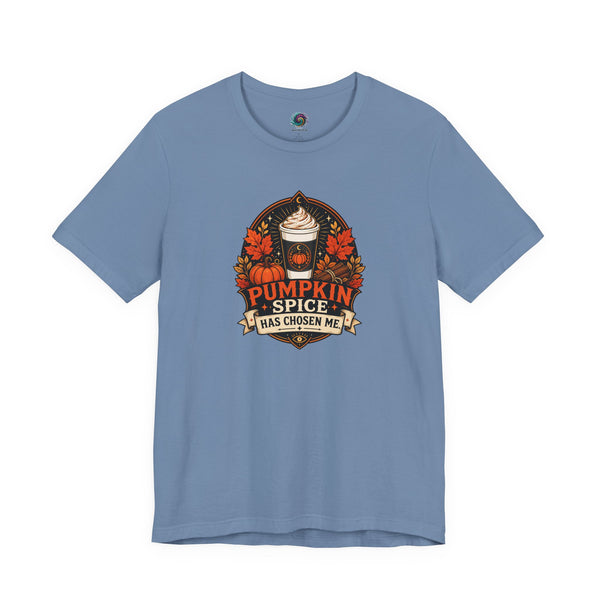Light blue crew-neck T-shirt with “Pumpkin Spice Has Chosen Me” graphic