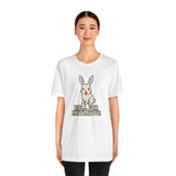White crew-neck T-shirt featuring bunny character and “ROLL FOR INITIATIVE” lettering