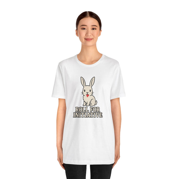 White crew-neck T-shirt featuring bunny character and “ROLL FOR INITIATIVE” lettering