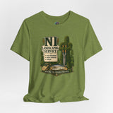 Olive green crew-neck T-shirt with centered front graphic print and short sleeves