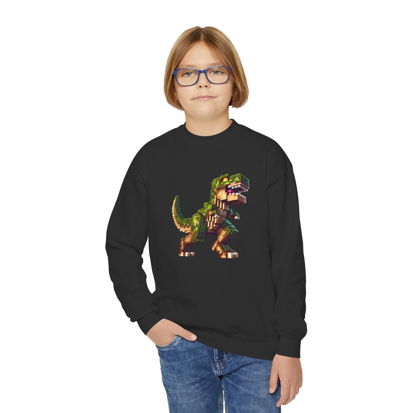 Pixel Dinosaur Youth Sweatshirt – Retro Pixel T-Rex Gamer Hoodie