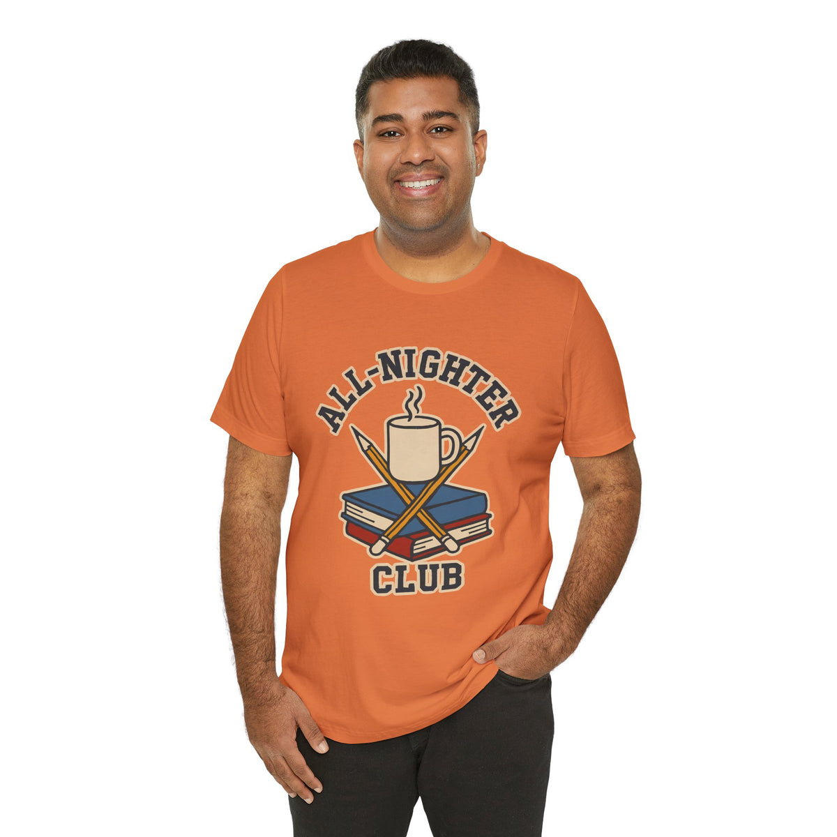 Orange T-shirt with caffeine cup, crossed pencils, and books graphic
