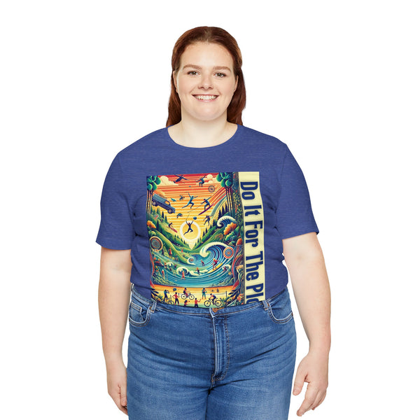 Royal blue T-shirt with colorful front graphic panel and vertical text stripe