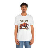 White T-shirt with PUSH-UPS text and T-Rex push-up workout graphic
