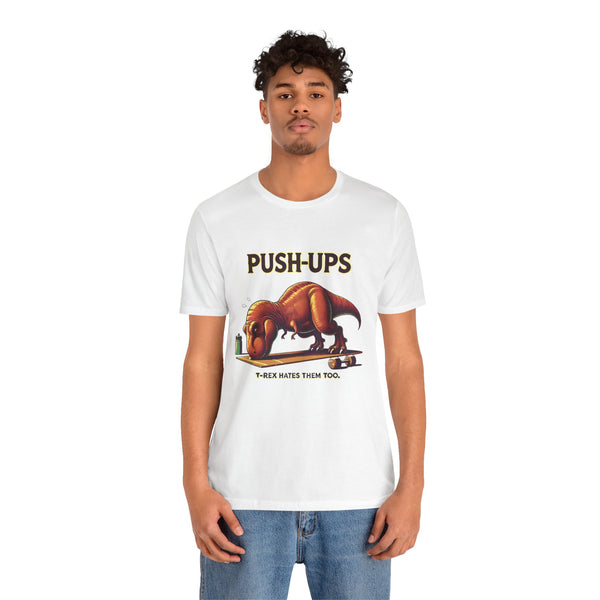 White T-shirt with PUSH-UPS text and T-Rex push-up workout graphic