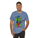 Steel blue crewneck T-shirt with cartoon punk triceratops playing a red electric guitar