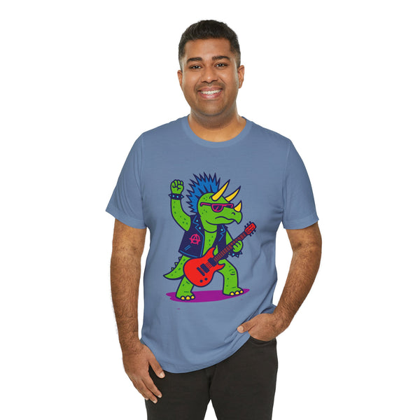 Steel blue crewneck T-shirt with cartoon punk triceratops playing a red electric guitar
