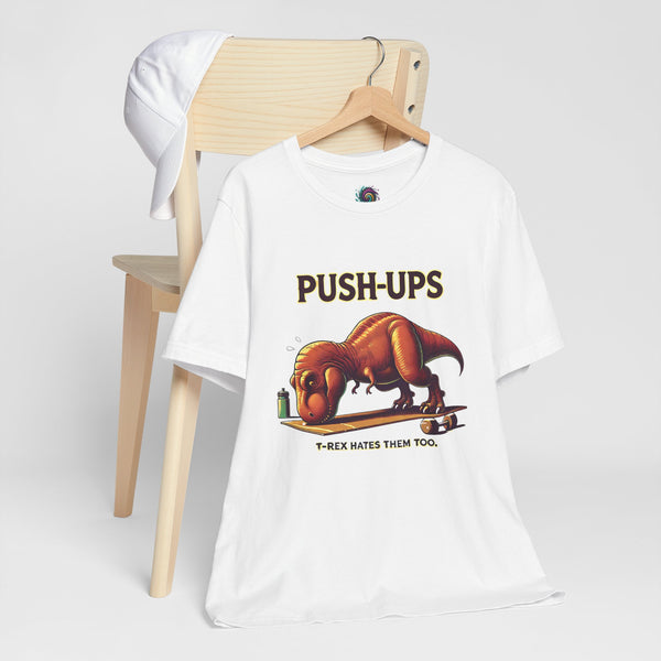 White graphic T-shirt with PUSH-UPS text and T-Rex push-up workout print
