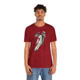 Red crewneck t-shirt with grey Cthulhu-style front graphic print