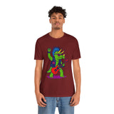 Burgundy graphic dinosaur punk-rocker T-shirt on man, colorful triceratops guitarist