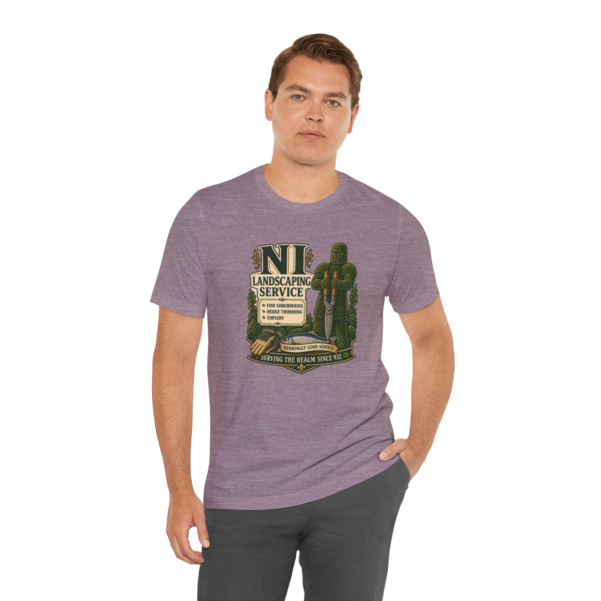 Purple heather crewneck T-shirt with NI landscaping service graphic on chest